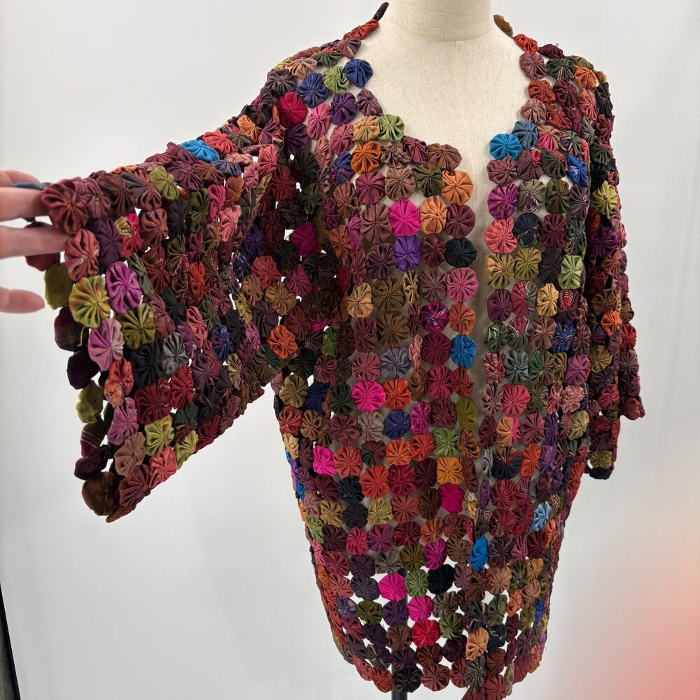 VTG Thai Silk Kimono Yo-yo Multicolor Artsy Festival Hand Made One Size